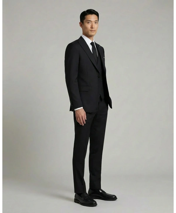 Erkek Dar Kesim Likrakı Yelekli Takım Elbise-Siyah