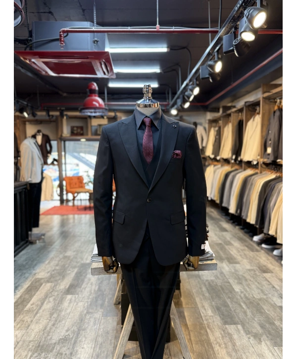 Erkek Dar Kesim Likrakı Yelekli Takım Elbise-Siyah