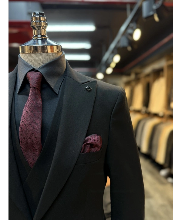 Erkek Dar Kesim Likrakı Yelekli Takım Elbise-Siyah