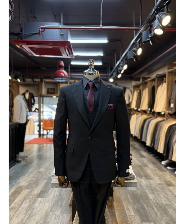 Erkek Dar Kesim Likrakı Yelekli Takım Elbise-Siyah