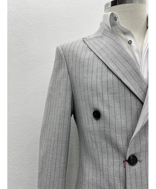 Erkek Dar Kesim Likralı Çizgili Kruvaze Takım Elbise-Gri