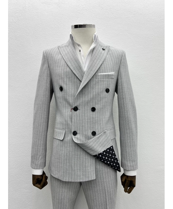 Erkek Dar Kesim Likralı Çizgili Kruvaze Takım Elbise-Gri