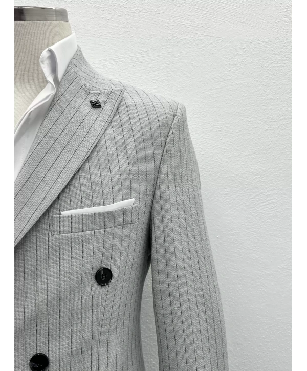 Erkek Dar Kesim Likralı Çizgili Kruvaze Takım Elbise-Gri