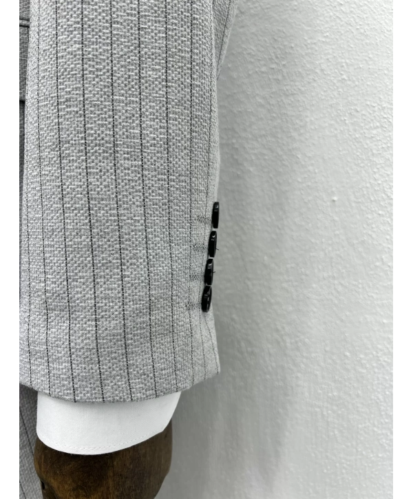 Erkek Dar Kesim Likralı Çizgili Kruvaze Takım Elbise-Gri