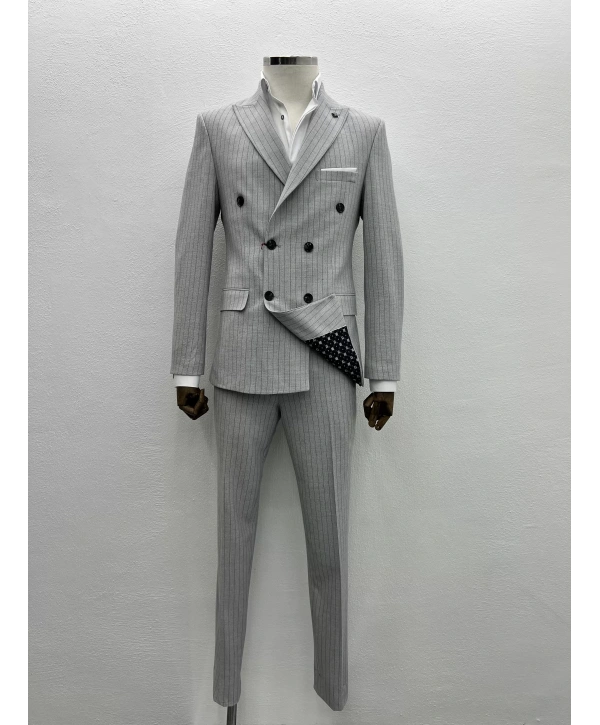 Erkek Dar Kesim Likralı Çizgili Kruvaze Takım Elbise-Gri