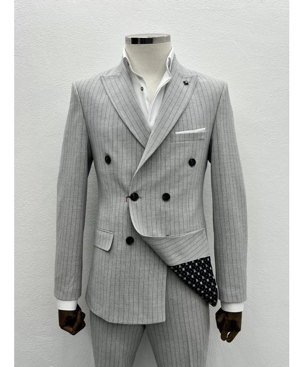 Erkek Dar Kesim Likralı Çizgili Kruvaze Takım Elbise-Gri