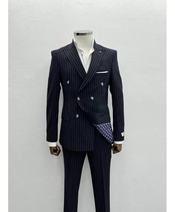 Erkek Dar Kesim Likralı Çizgili Kruvaze Takım Elbise-Lacivert