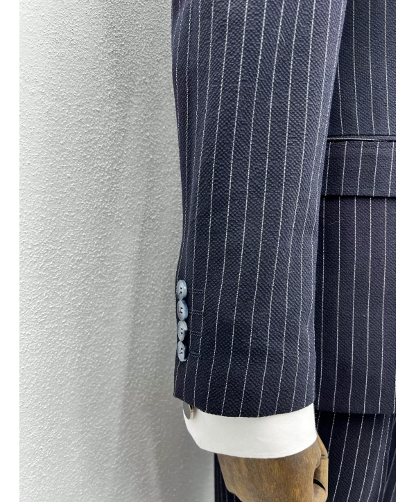 Erkek Dar Kesim Likralı Çizgili Kruvaze Takım Elbise-Lacivert