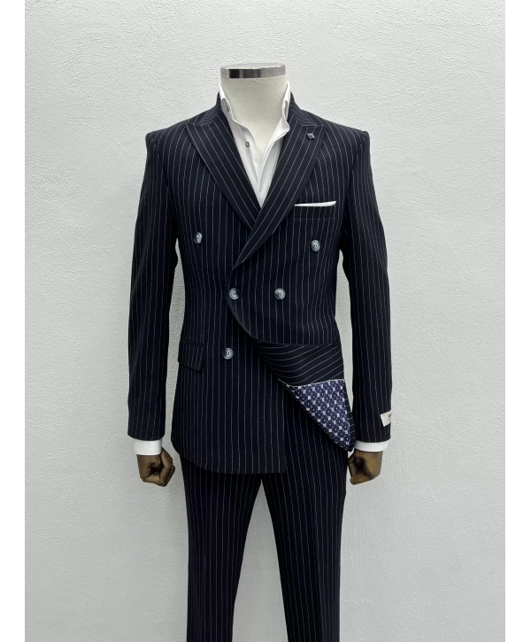 Erkek Dar Kesim Likralı Çizgili Kruvaze Takım Elbise-Lacivert
