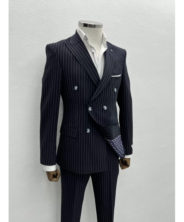 Erkek Dar Kesim Likralı Çizgili Kruvaze Takım Elbise-Lacivert