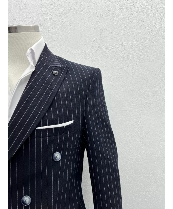Erkek Dar Kesim Likralı Çizgili Kruvaze Takım Elbise-Lacivert