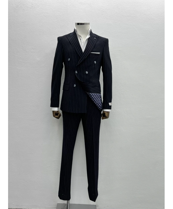 Erkek Dar Kesim Likralı Çizgili Kruvaze Takım Elbise-Lacivert