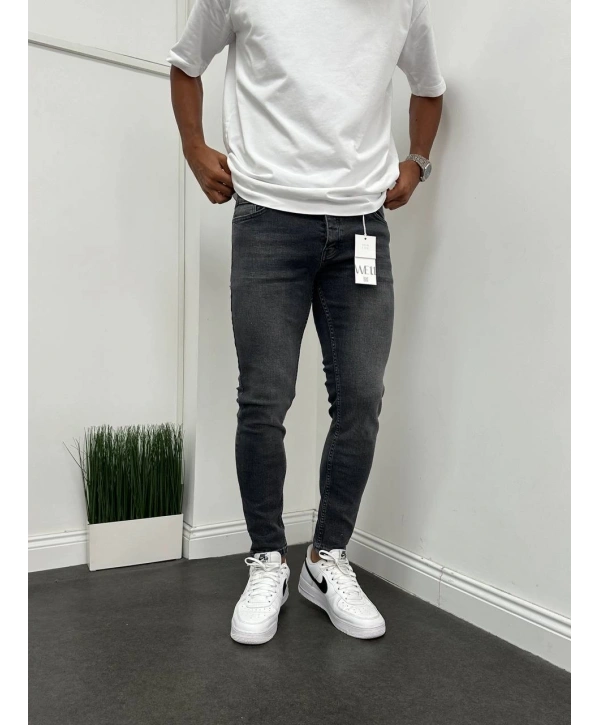 Erkek Dar Kesim Likralı Kot Pantolon - Füme