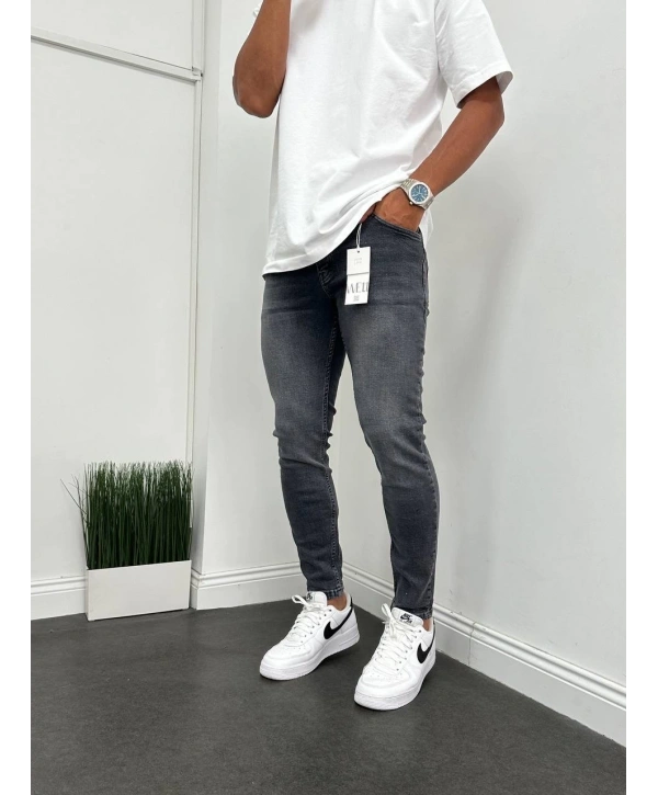 Erkek Dar Kesim Likralı Kot Pantolon - Füme