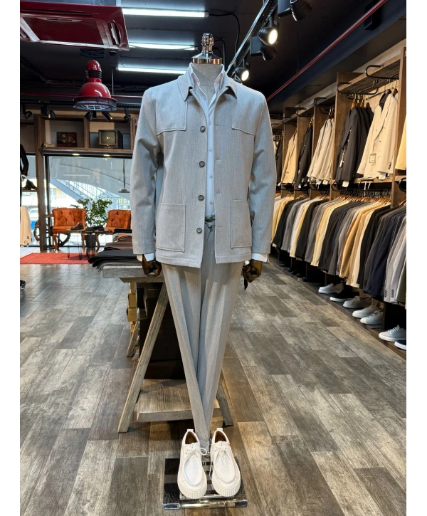 Erkek Dar Kesim Likralı Spor Takım Elbise-Gri