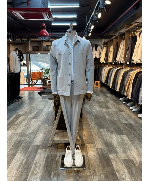 Erkek Dar Kesim Likralı Spor Takım Elbise-Gri