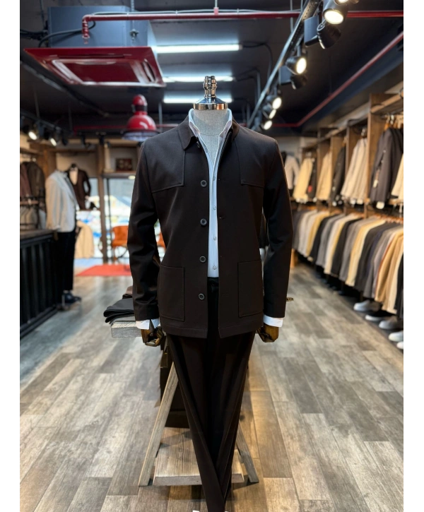 Erkek Dar Kesim Likralı Spor Takım Elbise-Kahverengi