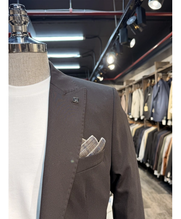 Erkek Dar Kesim Likralı Spor Takım Elbise - Kahvrerengi