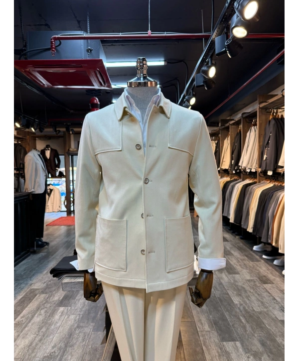 Erkek Dar Kesim Likralı Spor Takım Elbise-Krem