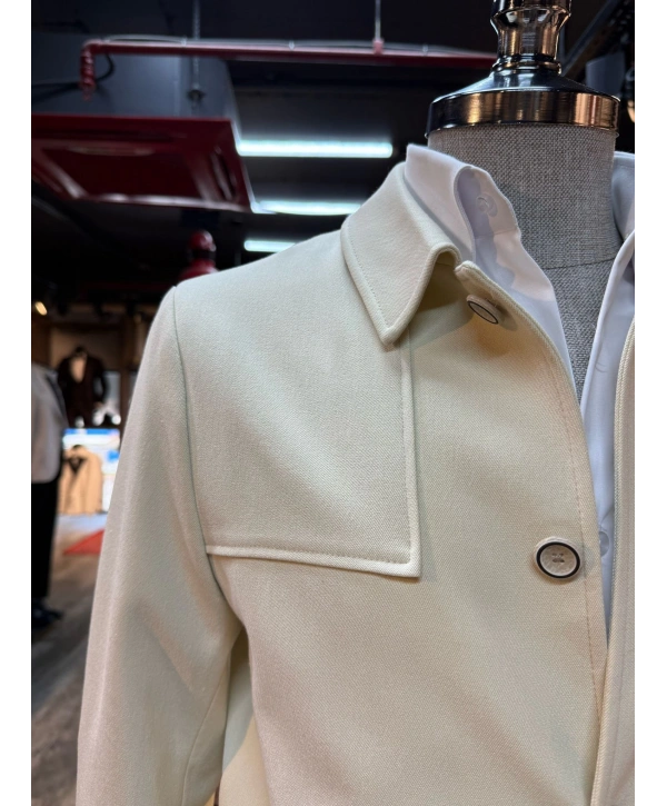 Erkek Dar Kesim Likralı Spor Takım Elbise-Krem