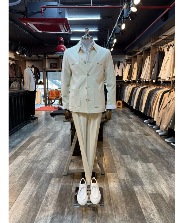 Erkek Dar Kesim Likralı Spor Takım Elbise-Krem