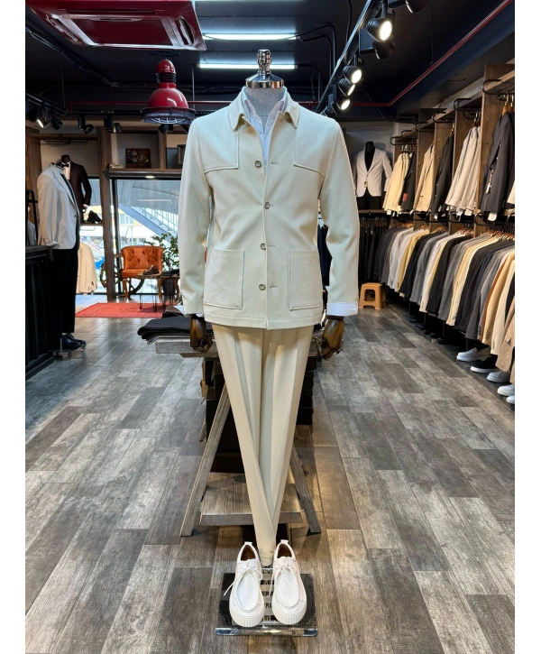 Erkek Dar Kesim Likralı Spor Takım Elbise-Krem