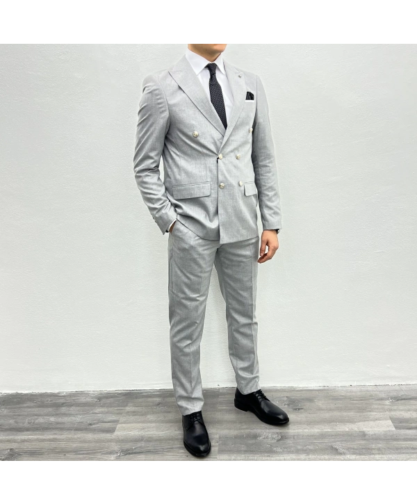 Erkek Dar Kesim Metal Düğme Kruvaze Takım Elbise-Gri