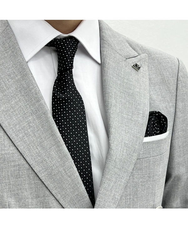 Erkek Dar Kesim Metal Düğme Kruvaze Takım Elbise-Gri