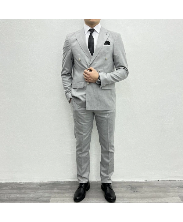 Erkek Dar Kesim Metal Düğme Kruvaze Takım Elbise-Gri