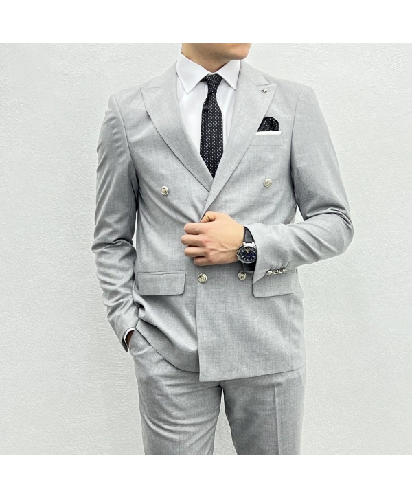 Erkek Dar Kesim Metal Düğme Kruvaze Takım Elbise-Gri