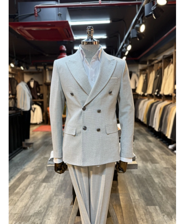 Erkek Dar Kesim Metal Düğme Kruvaze Takım Elbise-Gri