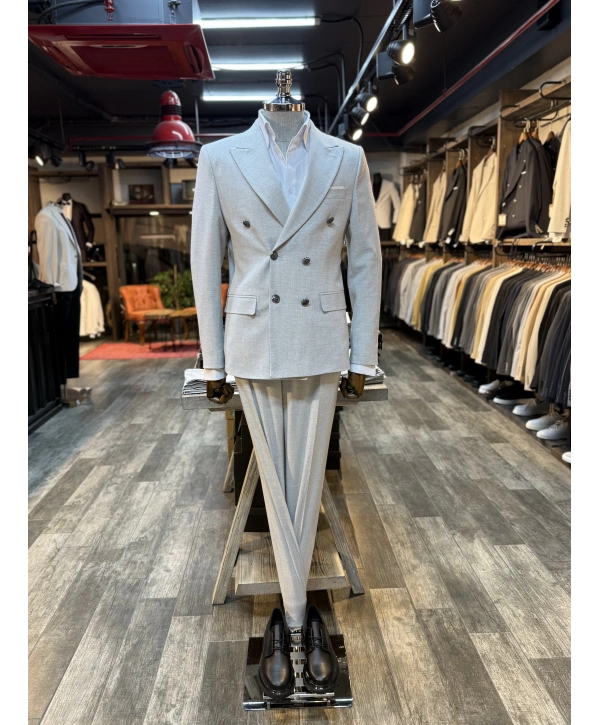 Erkek Dar Kesim Metal Düğme Kruvaze Takım Elbise-Gri