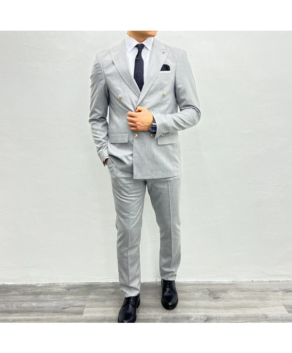 Erkek Dar Kesim Metal Düğme Kruvaze Takım Elbise-Gri