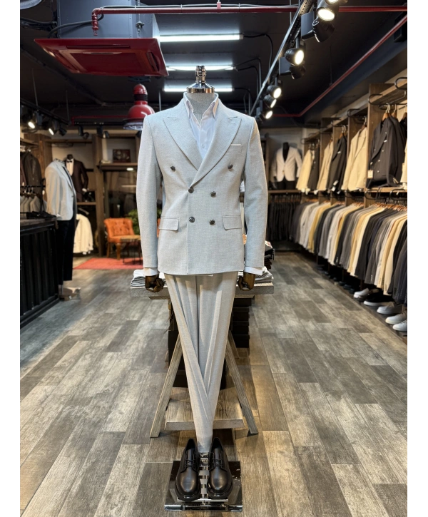 Erkek Dar Kesim Metal Düğme Kruvaze Takım Elbise-Gri