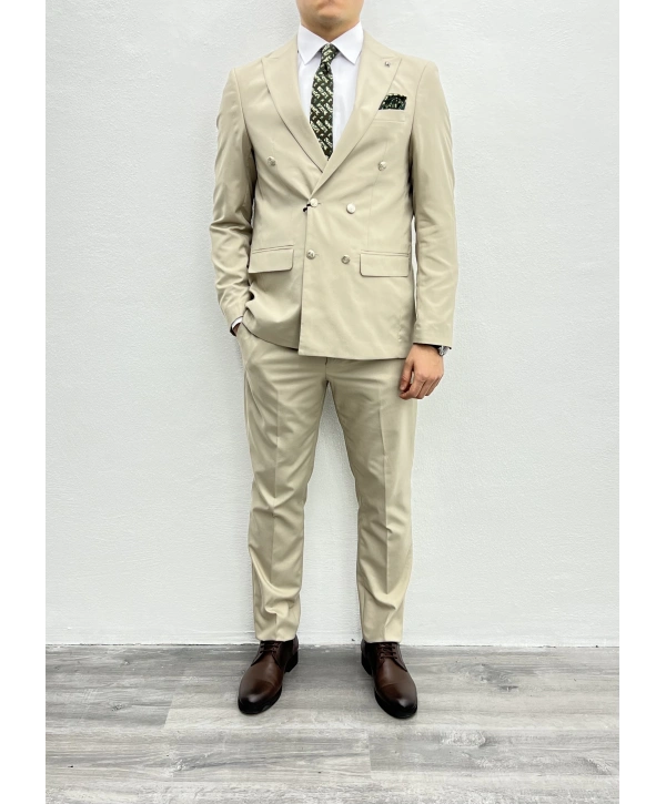 Erkek Dar Kesim Metal Düğme Kruvaze Takım Elbise-Krem