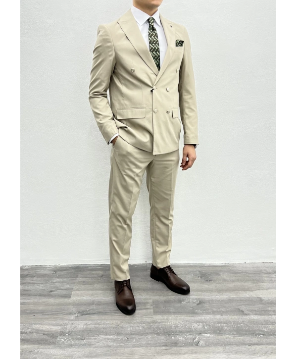 Erkek Dar Kesim Metal Düğme Kruvaze Takım Elbise-Krem