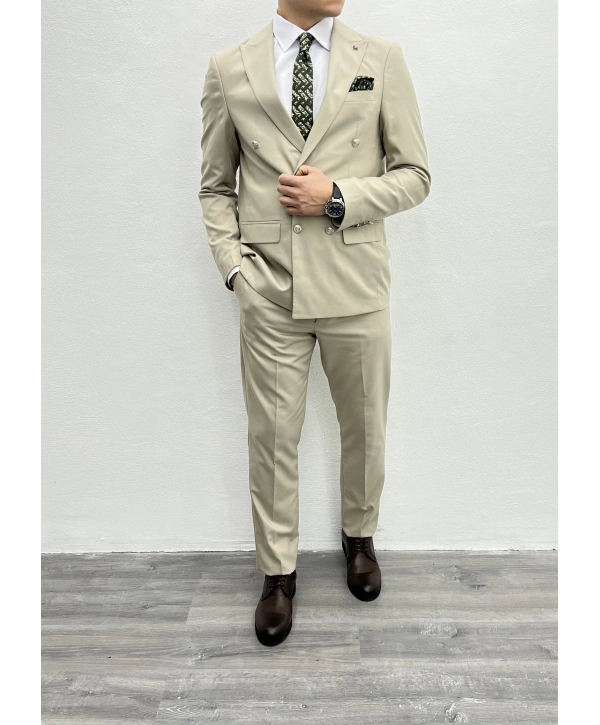Erkek Dar Kesim Metal Düğme Kruvaze Takım Elbise-Krem