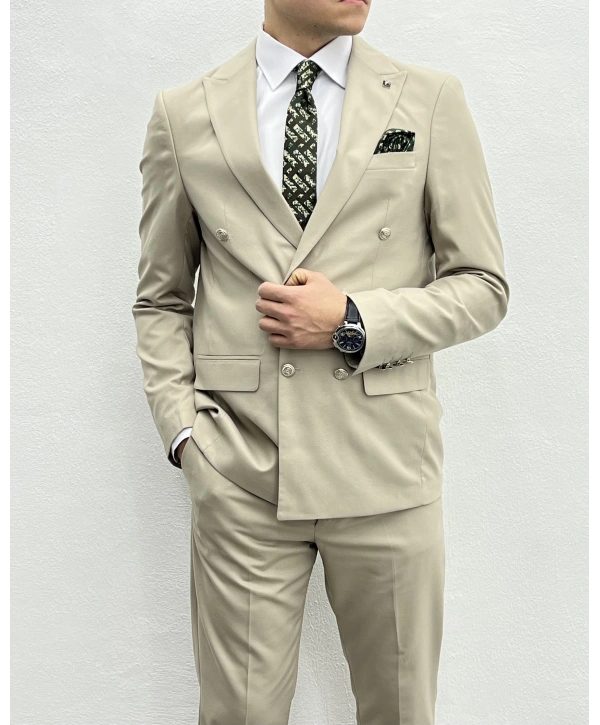 Erkek Dar Kesim Metal Düğme Kruvaze Takım Elbise-Krem