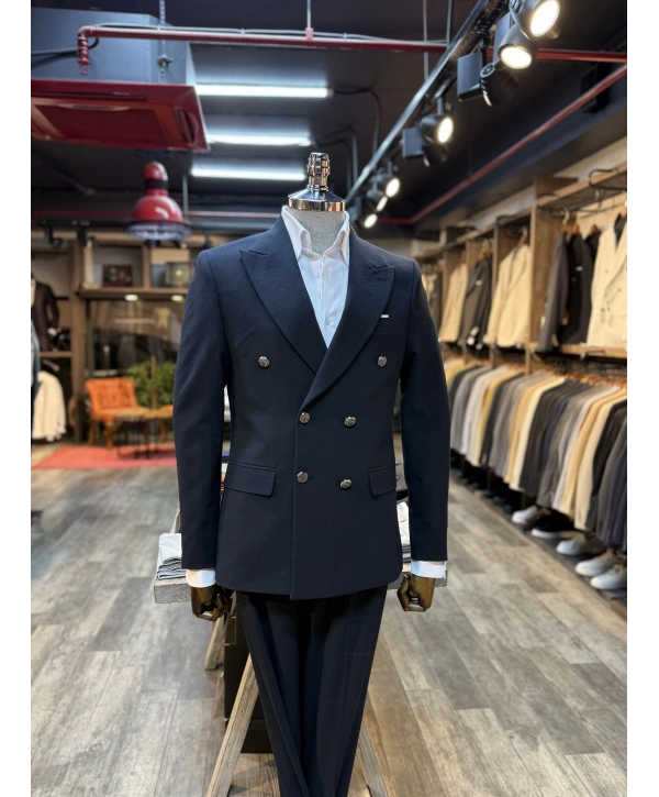 Erkek Dar Kesim Metal Düğme Kruvaze Takım Elbise-Lacivert