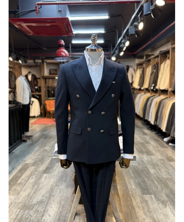 Erkek Dar Kesim Metal Düğme Kruvaze Takım Elbise-Lacivert