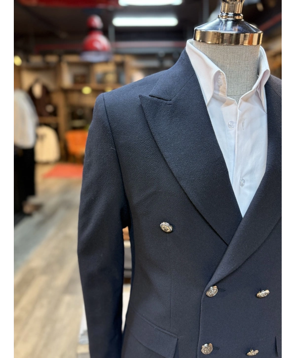 Erkek Dar Kesim Metal Düğme Kruvaze Takım Elbise-Lacivert