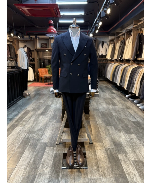 Erkek Dar Kesim Metal Düğme Kruvaze Takım Elbise-Lacivert