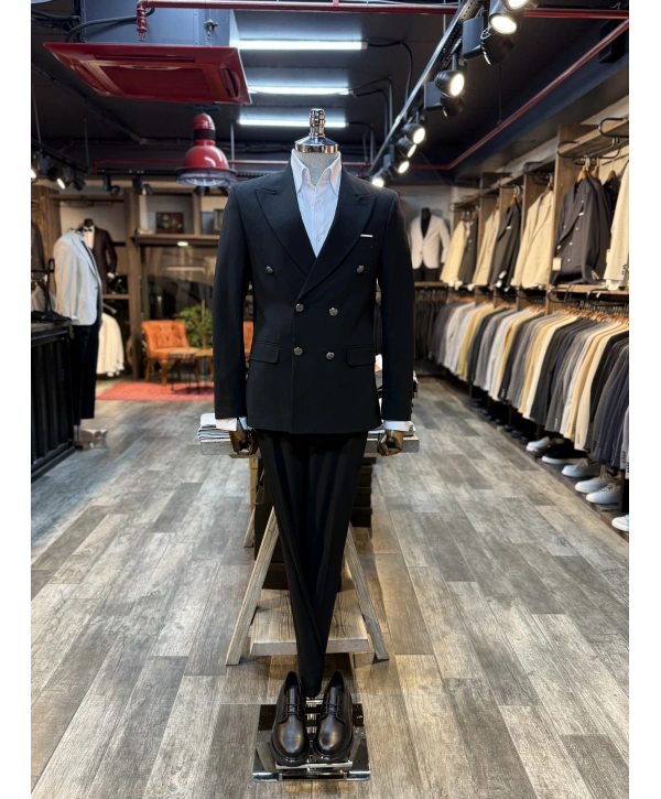 Erkek Dar Kesim Metal Düğme Kruvaze Takım Elbise-Siyah