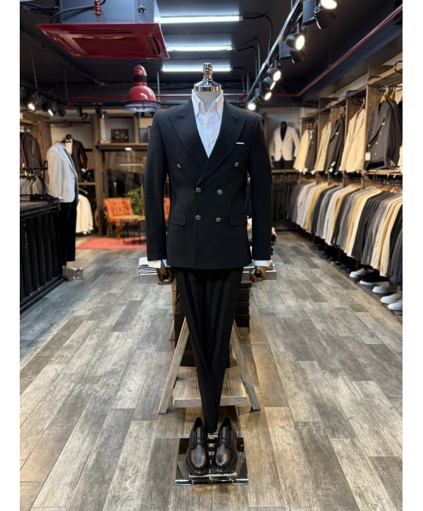 Erkek Dar Kesim Metal Düğme Kruvaze Takım Elbise-Siyah