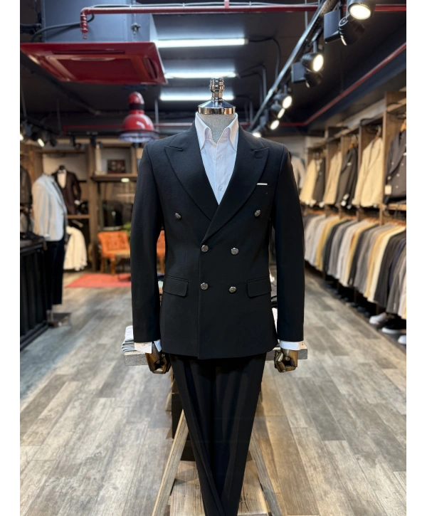 Erkek Dar Kesim Metal Düğme Kruvaze Takım Elbise-Siyah