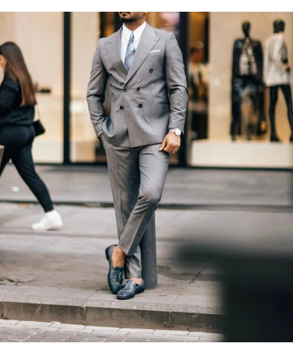 Erkek Dar Kesim Pantolonu Pileli Slimfit KruvazeTakım Elbise-Gri