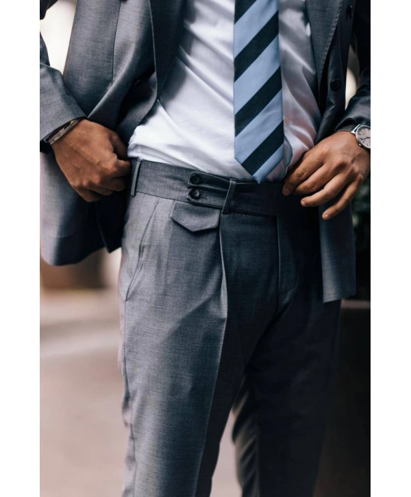 Erkek Dar Kesim Pantolonu Pileli Slimfit KruvazeTakım Elbise-Gri
