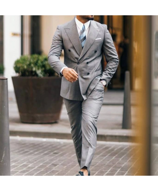 Erkek Dar Kesim Pantolonu Pileli Slimfit KruvazeTakım Elbise-Gri