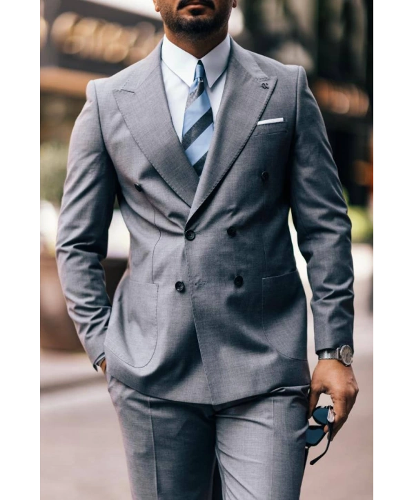Erkek Dar Kesim Pantolonu Pileli Slimfit KruvazeTakım Elbise-Gri