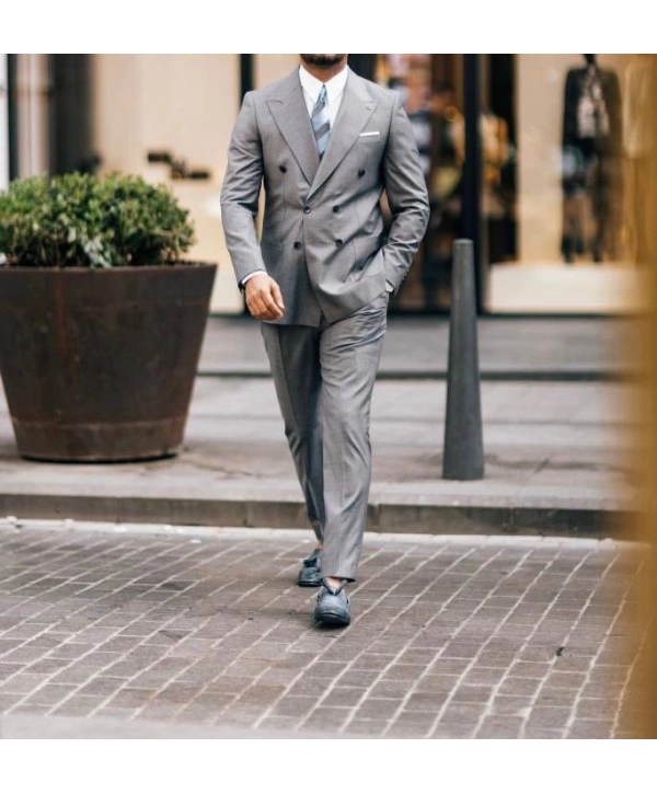 Erkek Dar Kesim Pantolonu Pileli Slimfit KruvazeTakım Elbise-Gri